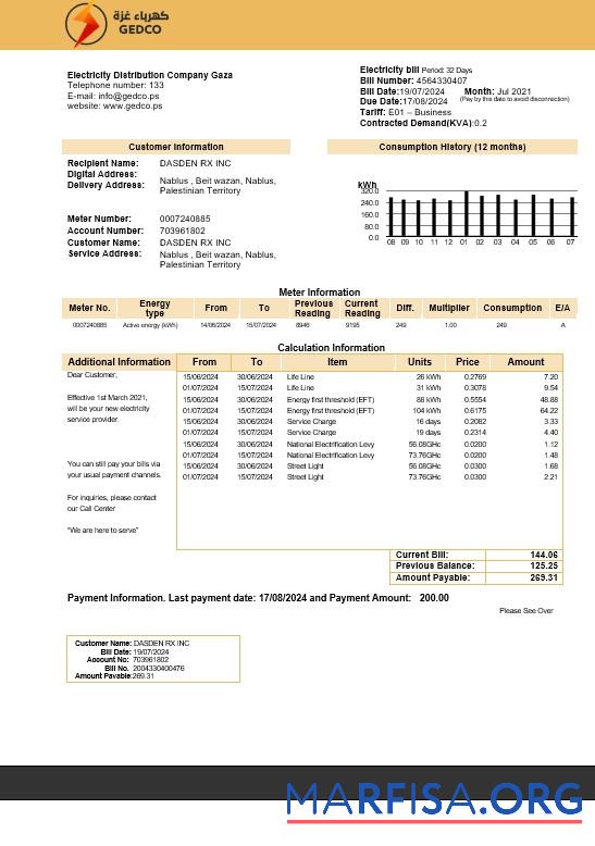 Printable Palestine Electricity Distribution Company Gaza (GEDCO) business utility bill template in Word and PDF formats